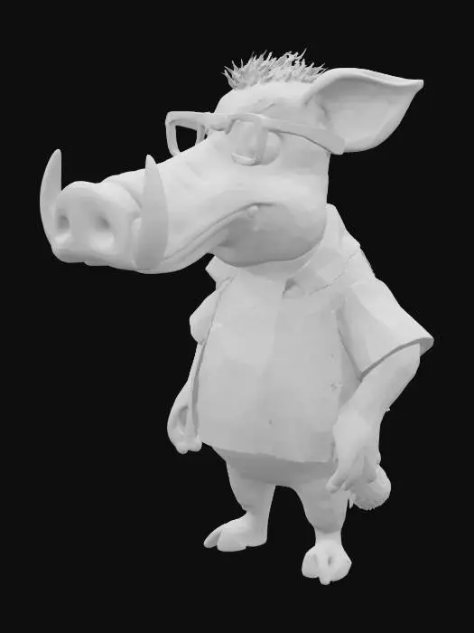 3D model for Art-Style: Pixar, ultra-realistic, all the textures are well lit and bright, ultra cartoonish colors.a. caricature, pixar style warthog with a big crooked smile showing big croocked buck teeth and prominent tusks, wearing black-framed glasses and an colorful plaid shirt over a fitting color t-shirt with a picture of another warthog's face and the text "W" in white font on a black oval background. Full body