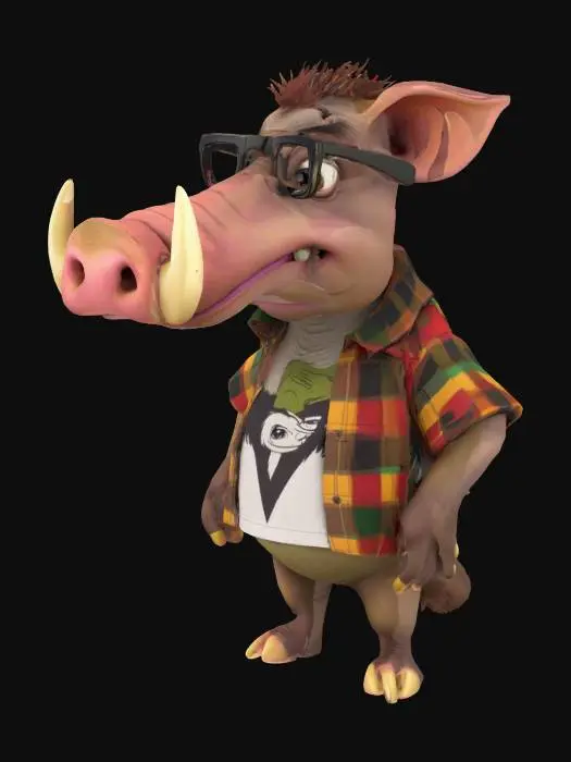 3D model for Art-Style: Pixar, ultra-realistic, all the textures are well lit and bright, ultra cartoonish colors.a. caricature, pixar style warthog with a big crooked smile showing big croocked buck teeth and prominent tusks, wearing black-framed glasses and an colorful plaid shirt over a fitting color t-shirt with a picture of another warthog's face and the text "W" in white font on a black oval background. Full body