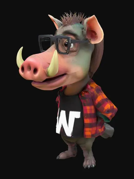 3D model for Art-Style: Pixar, ultra-realistic, all the textures are well lit and bright, ultra cartoonish colors.a. caricature, pixar style warthog with a big crooked smile showing big croocked buck teeth and prominent tusks, wearing black-framed glasses and an colorful plaid shirt over a fitting color t-shirt with a picture of another warthog's face and the text "W" in white font on a black oval background. Full body
