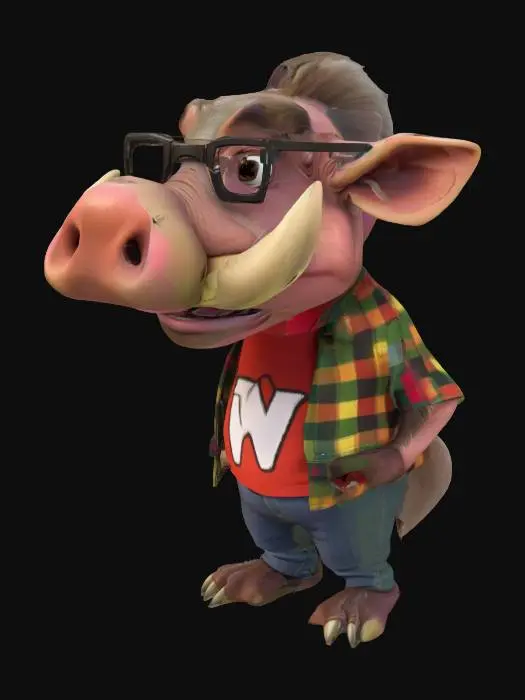 3D model for Art-Style: Pixar, ultra-realistic, all the textures are well lit and bright, ultra cartoonish colors.a. caricature, pixar style warthog with a big crooked smile showing big croocked buck teeth and prominent tusks, wearing black-framed glasses and an colorful plaid shirt over a fitting color t-shirt with a picture of another warthog's face and the text "W" in white font on a black oval background. Full body