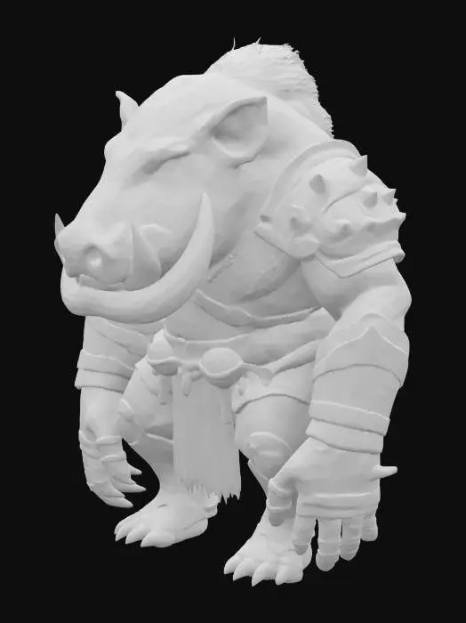 3D model for Ultra detailed, enormous,  muscular, humanoid hybrid warthog warrior, in a colored shining polished nanite armor,crooked mouth armor, enornous bonky crooked teeth and prominent large  tusks and a crooked mouth, with lighting tatoos full body, TAbaxi style, dugeons and dragons style