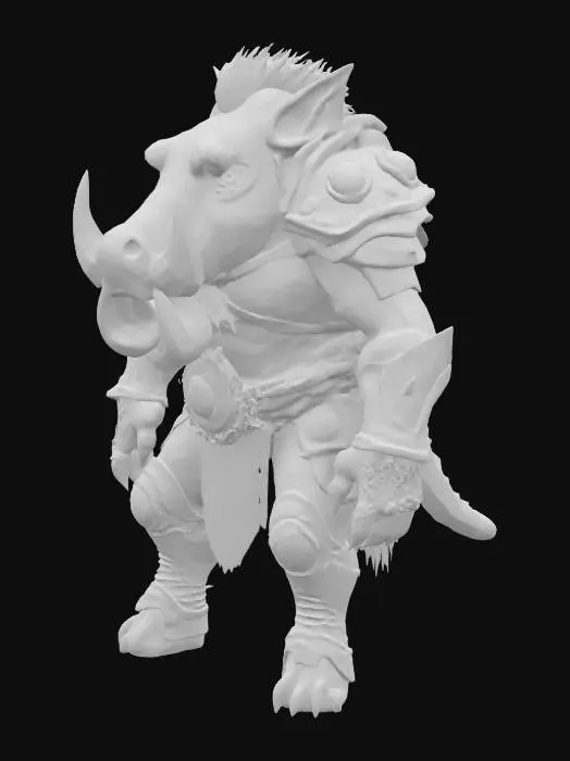3D model for Ultra detailed, enormous,  muscular, humanoid hybrid warthog warrior, in a colored shining polished nanite armor,crooked mouth armor, enornous bonky crooked teeth and prominent large  tusks and a crooked mouth, with lighting tatoos full body, TAbaxi style, dugeons and dragons style