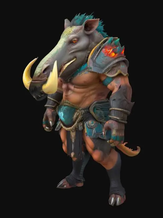 3D model for Ultra detailed, enormous,  muscular, humanoid hybrid warthog warrior, in a colored shining polished nanite armor,crooked mouth armor, enornous bonky crooked teeth and prominent large  tusks and a crooked mouth, with lighting tatoos full body, TAbaxi style, dugeons and dragons style
