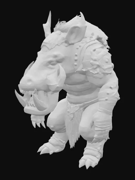 3D model for Ultra detailed, enormous,  muscular, humanoid hybrid warthog warrior, in a colored shining polished nanite armor,crooked mouth armor, enornous bonky crooked teeth and prominent large  tusks and a crooked mouth, with lighting tatoos full body, TAbaxi style, dugeons and dragons style