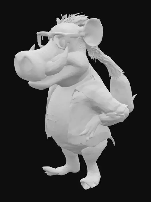 3D model for Art-Style: Pixar, ultra-realistic, all the textures are well lit and bright, ultra cartoonish colors.a. caricature, pixar style warthog with a big crooked smile showing big croocked buck teeth and prominent tusks, wearing black-framed glasses and an colorful plaid shirt over a fitting color t-shirt with a picture of another warthog's face and the text "W" in white font on a black oval background. Full body