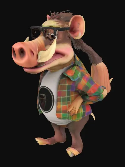 3D model for Art-Style: Pixar, ultra-realistic, all the textures are well lit and bright, ultra cartoonish colors.a. caricature, pixar style warthog with a big crooked smile showing big croocked buck teeth and prominent tusks, wearing black-framed glasses and an colorful plaid shirt over a fitting color t-shirt with a picture of another warthog's face and the text "W" in white font on a black oval background. Full body