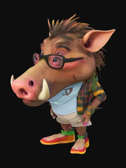 3D model for Art-Style: Pixar, ultra-realistic, all the textures are well lit and bright, ultra cartoonish colors.a. caricature, pixar style warthog with a big crooked smile showing big croocked buck teeth and prominent tusks, wearing black-framed glasses and an colorful plaid shirt over a fitting color t-shirt with a picture of another warthog's face and the text "W" in white font on a black oval background. Full body