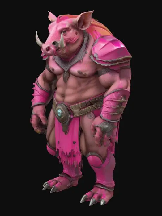 3D model for Ultra detailed, enormous,  muscular, humanoid hybrid warthog warrior, in a colored shining polished nanite armor,crooked mouth armor, enornous bonky crooked teeth and prominent large  tusks and a crooked mouth, with lighting tatoos full body, TAbaxi style, dugeons and dragons style