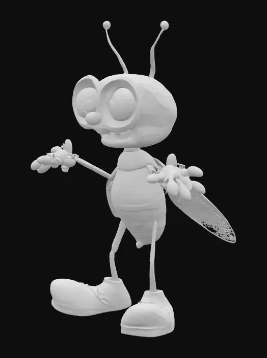 3D model for A cute 3D anthropomorphic cartoon mosquito, wearing tiny shoes, happily looking. Arms A-Pose. Pixar animation style, whimsical, white background, white floor, vibrant colors, ultra-detailed.