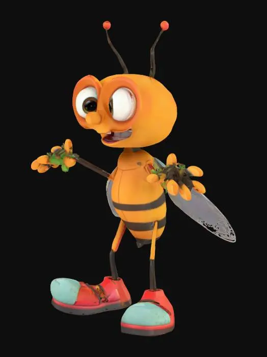 3D model for A cute 3D anthropomorphic cartoon mosquito, wearing tiny shoes, happily looking. Arms A-Pose. Pixar animation style, whimsical, white background, white floor, vibrant colors, ultra-detailed.