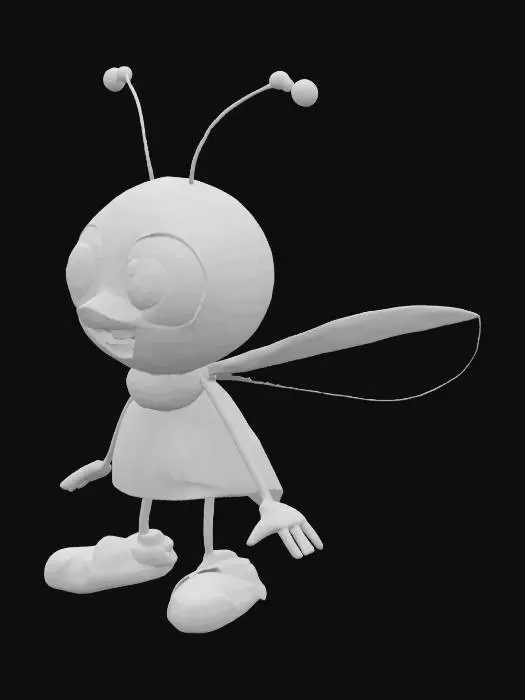 3D model for A cute 3D anthropomorphic cartoon mosquito, wearing tiny shoes, happily looking. Arms A-Pose. Pixar animation style, whimsical, white background, white floor, vibrant colors, ultra-detailed.
