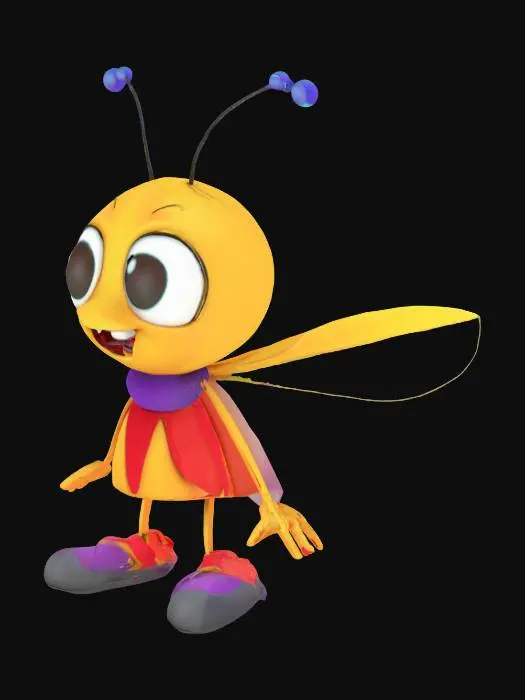 3D model for A cute 3D anthropomorphic cartoon mosquito, wearing tiny shoes, happily looking. Arms A-Pose. Pixar animation style, whimsical, white background, white floor, vibrant colors, ultra-detailed.