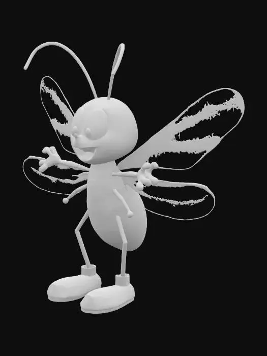 3D model for A cute 3D anthropomorphic cartoon mosquito, wearing tiny shoes, happily looking. Arms A-Pose. Pixar animation style, whimsical, white background, white floor, vibrant colors, ultra-detailed.