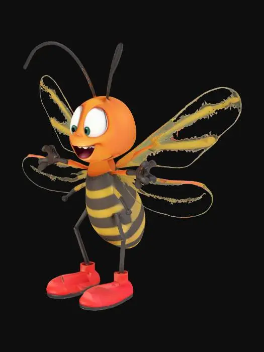 3D model for A cute 3D anthropomorphic cartoon mosquito, wearing tiny shoes, happily looking. Arms A-Pose. Pixar animation style, whimsical, white background, white floor, vibrant colors, ultra-detailed.