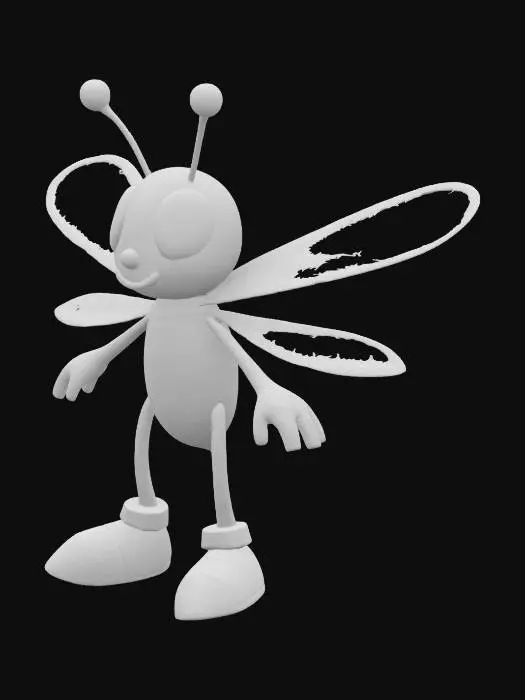 3D model for A cute 3D anthropomorphic cartoon mosquito, wearing tiny shoes, happily looking. Arms A-Pose. Pixar animation style, whimsical, white background, white floor, vibrant colors, ultra-detailed.
