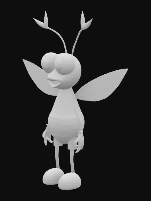 3D model for A cute 3D anthropomorphic cartoon mosquito, wearing tiny shoes, happily looking. Arms A-Pose. Pixar animation style, whimsical, white background, white floor, vibrant colors, ultra-detailed.
