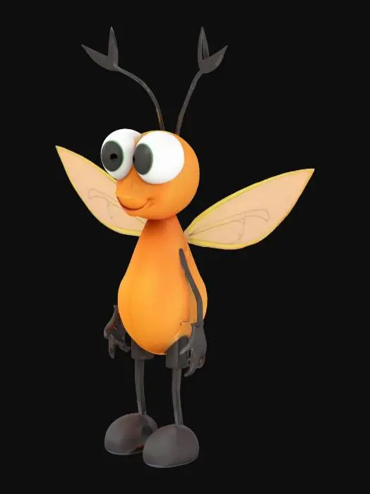 3D model for A cute 3D anthropomorphic cartoon mosquito, wearing tiny shoes, happily looking. Arms A-Pose. Pixar animation style, whimsical, white background, white floor, vibrant colors, ultra-detailed.
