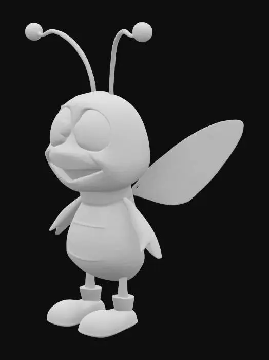 3D model for A cute 3D anthropomorphic cartoon mosquito, wearing tiny shoes, happily looking. Arms A-Pose. Pixar animation style, whimsical, white background, white floor, vibrant colors, ultra-detailed.
