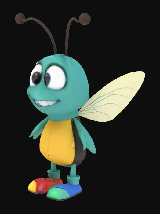 3D model for A cute 3D anthropomorphic cartoon mosquito, wearing tiny shoes, happily looking. Arms A-Pose. Pixar animation style, whimsical, white background, white floor, vibrant colors, ultra-detailed.