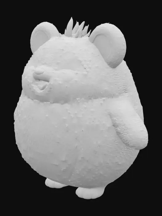 3D model for A textured, cartoon-style, extra large, extra fat anthropomorphic animal character with a spherical shape. The character displays typical wooly, furry and fluffy features such as lush fur, animal-like ears and tail, extra large bulbous, bulging eyes, and a cute nose. Despite the character's size, they exude a warm, friendly aura, inviting viewers into their world, their demeanor expresses joy and contentment.