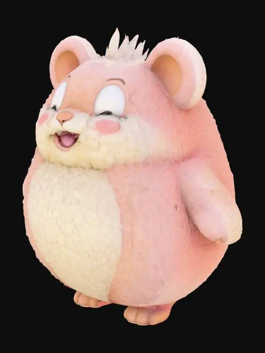 3D model for A textured, cartoon-style, extra large, extra fat anthropomorphic animal character with a spherical shape. The character displays typical wooly, furry and fluffy features such as lush fur, animal-like ears and tail, extra large bulbous, bulging eyes, and a cute nose. Despite the character's size, they exude a warm, friendly aura, inviting viewers into their world, their demeanor expresses joy and contentment.