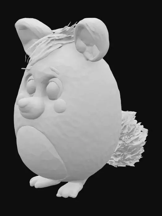 3D model for A textured, cartoon-style, extra large, extra fat anthropomorphic animal character with a spherical shape. The character displays typical wooly, furry and fluffy features such as lush fur, animal-like ears and tail, extra large bulbous, bulging eyes, and a cute nose. Despite the character's size, they exude a warm, friendly aura, inviting viewers into their world, their demeanor expresses joy and contentment.