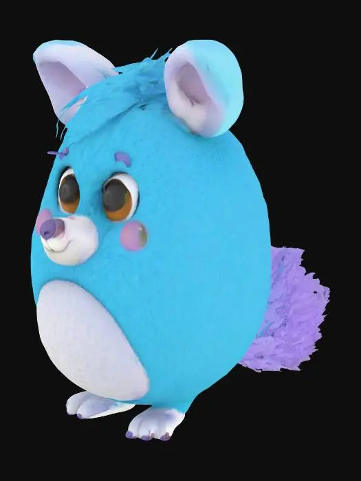 3D model for A textured, cartoon-style, extra large, extra fat anthropomorphic animal character with a spherical shape. The character displays typical wooly, furry and fluffy features such as lush fur, animal-like ears and tail, extra large bulbous, bulging eyes, and a cute nose. Despite the character's size, they exude a warm, friendly aura, inviting viewers into their world, their demeanor expresses joy and contentment.