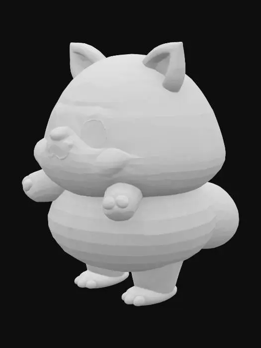 3D model for A textured, cartoon-style, extra large, extra fat anthropomorphic animal character with a spherical shape. The character displays typical wooly, furry and fluffy features such as lush fur, animal-like ears and tail, extra large bulbous, bulging eyes, and a cute nose. Despite the character's size, they exude a warm, friendly aura, inviting viewers into their world, their demeanor expresses joy and contentment.