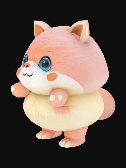3D model for A textured, cartoon-style, extra large, extra fat anthropomorphic animal character with a spherical shape. The character displays typical wooly, furry and fluffy features such as lush fur, animal-like ears and tail, extra large bulbous, bulging eyes, and a cute nose. Despite the character's size, they exude a warm, friendly aura, inviting viewers into their world, their demeanor expresses joy and contentment.