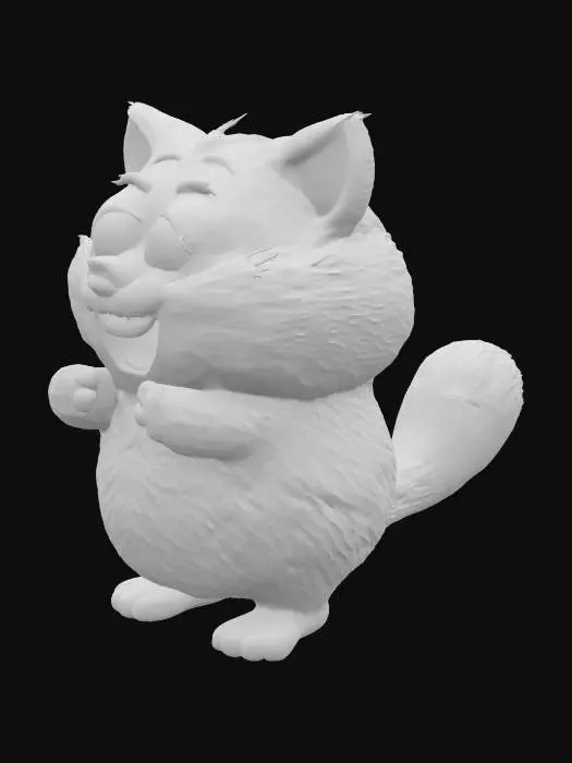 3D model for A textured, cartoon-style, extra large, extra fat anthropomorphic animal character with a spherical shape. The character displays typical wooly, furry and fluffy features such as lush fur, animal-like ears and tail, extra large bulbous, bulging eyes, and a cute nose. Despite the character's size, they exude a warm, friendly aura, inviting viewers into their world, their demeanor expresses joy and contentment.