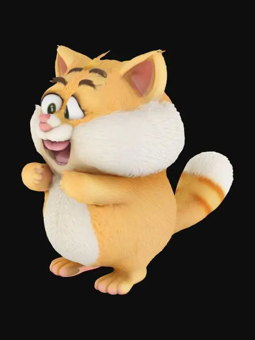 3D model for A textured, cartoon-style, extra large, extra fat anthropomorphic animal character with a spherical shape. The character displays typical wooly, furry and fluffy features such as lush fur, animal-like ears and tail, extra large bulbous, bulging eyes, and a cute nose. Despite the character's size, they exude a warm, friendly aura, inviting viewers into their world, their demeanor expresses joy and contentment.