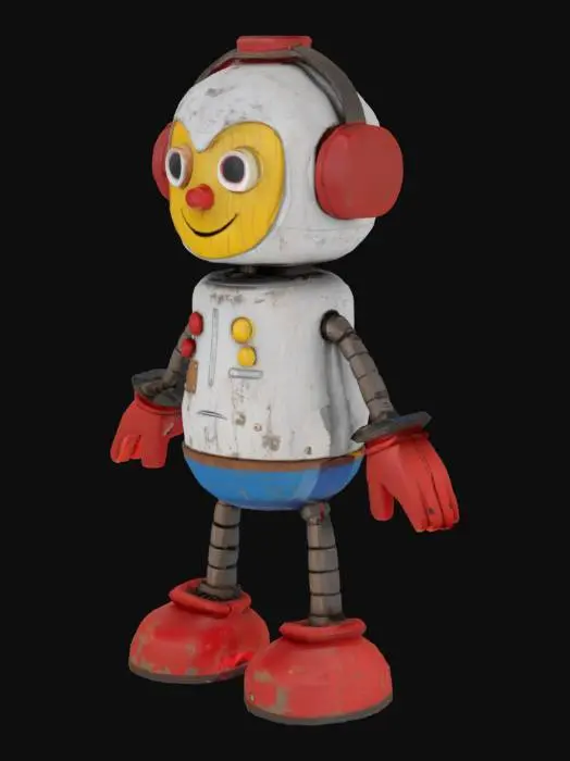 3D model for A 3D cartoon pixar style, 3d ,a weathered pinocchio 3000 robot with silver, red, blue, and yellow metallic body is standing on a plain white background. The robot has a rounded head with a wooden smiling face, large brown eyes, and a small wooden nose. It is wearing red headphones with silver accents on its head. The robot's body is primarily silver with wooden accents on its chest and his joints and hands are made of wood, and blue and yellow details on its arms and legs. Its right hand is open and facing downwards, while its left hand is open and facing forward. The robot's legs are positioned in a walking stance, with its right leg slightly behind its left. full body, a-pose