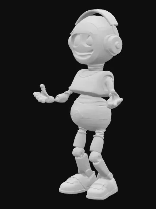3D model for A 3D cartoon pixar style, 3d ,a weathered pinocchio 3000 robot with silver, red, blue, and yellow metallic body is standing on a plain white background. The robot has a rounded head with a wooden smiling face, large brown eyes, and a small wooden nose. It is wearing red headphones with silver accents on its head. The robot's body is primarily silver with wooden accents on its chest and his joints and hands are made of wood, and blue and yellow details on its arms and legs. Its right hand is open and facing downwards, while its left hand is open and facing forward. The robot's legs are positioned in a walking stance, with its right leg slightly behind its left. full body, a-pose