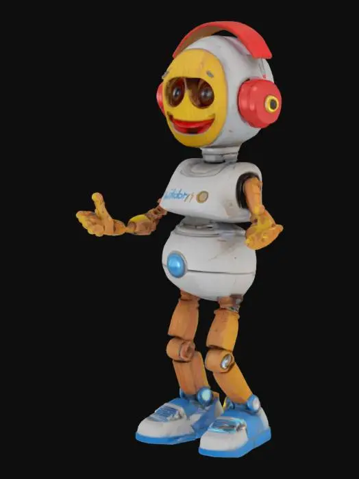3D model for A 3D cartoon pixar style, 3d ,a weathered pinocchio 3000 robot with silver, red, blue, and yellow metallic body is standing on a plain white background. The robot has a rounded head with a wooden smiling face, large brown eyes, and a small wooden nose. It is wearing red headphones with silver accents on its head. The robot's body is primarily silver with wooden accents on its chest and his joints and hands are made of wood, and blue and yellow details on its arms and legs. Its right hand is open and facing downwards, while its left hand is open and facing forward. The robot's legs are positioned in a walking stance, with its right leg slightly behind its left. full body, a-pose