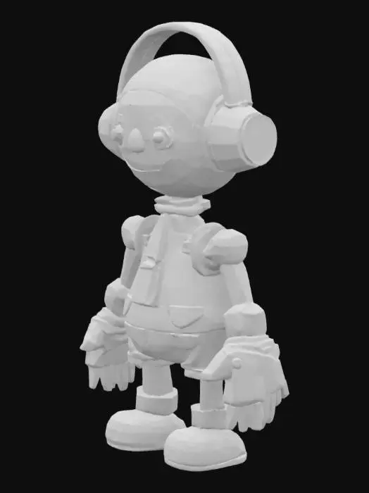 3D model for A 3D cartoon pixar style, 3d ,a weathered pinocchio 3000 robot with silver, red, blue, and yellow metallic body is standing on a plain white background. The robot has a rounded head with a wooden smiling face, large brown eyes, and a small wooden nose. It is wearing red headphones with silver accents on its head. The robot's body is primarily silver with wooden accents on its chest and his joints and hands are made of wood, and blue and yellow details on its arms and legs. Its right hand is open and facing downwards, while its left hand is open and facing forward. The robot's legs are positioned in a walking stance, with its right leg slightly behind its left. full body, a-pose