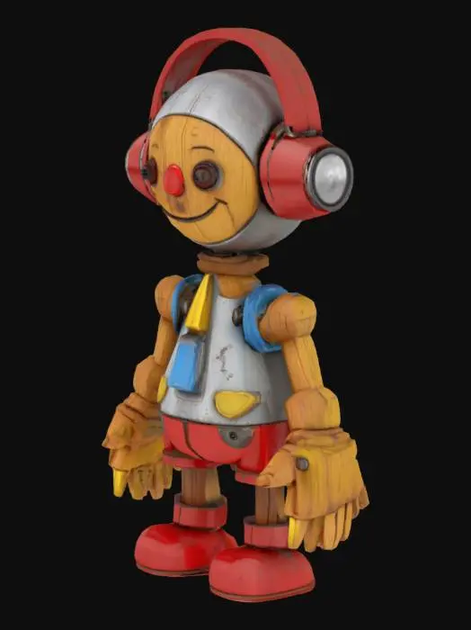 3D model for A 3D cartoon pixar style, 3d ,a weathered pinocchio 3000 robot with silver, red, blue, and yellow metallic body is standing on a plain white background. The robot has a rounded head with a wooden smiling face, large brown eyes, and a small wooden nose. It is wearing red headphones with silver accents on its head. The robot's body is primarily silver with wooden accents on its chest and his joints and hands are made of wood, and blue and yellow details on its arms and legs. Its right hand is open and facing downwards, while its left hand is open and facing forward. The robot's legs are positioned in a walking stance, with its right leg slightly behind its left. full body, a-pose