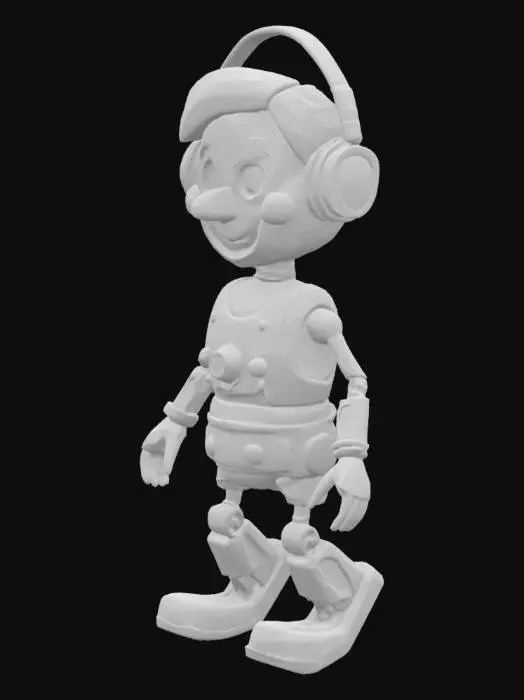 3D model for A 3D cartoon pixar style, 3d ,a weathered pinocchio 3000 robot with silver, red, blue, and yellow metallic body is standing on a plain white background. The robot has a rounded head with a wooden smiling face, large brown eyes, and a small wooden nose. It is wearing red headphones with silver accents on its head. The robot's body is primarily silver with wooden accents on its chest and his joints and hands are made of wood, and blue and yellow details on its arms and legs. Its right hand is open and facing downwards, while its left hand is open and facing forward. The robot's legs are positioned in a walking stance, with its right leg slightly behind its left. full body, a-pose
