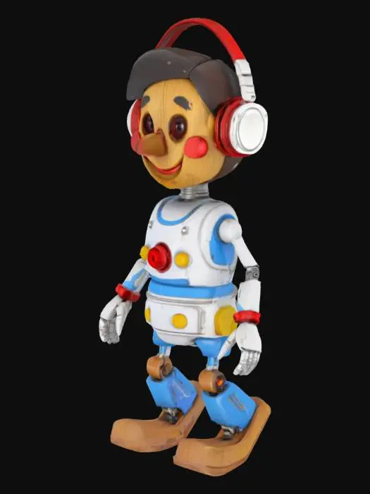 3D model for A 3D cartoon pixar style, 3d ,a weathered pinocchio 3000 robot with silver, red, blue, and yellow metallic body is standing on a plain white background. The robot has a rounded head with a wooden smiling face, large brown eyes, and a small wooden nose. It is wearing red headphones with silver accents on its head. The robot's body is primarily silver with wooden accents on its chest and his joints and hands are made of wood, and blue and yellow details on its arms and legs. Its right hand is open and facing downwards, while its left hand is open and facing forward. The robot's legs are positioned in a walking stance, with its right leg slightly behind its left. full body, a-pose