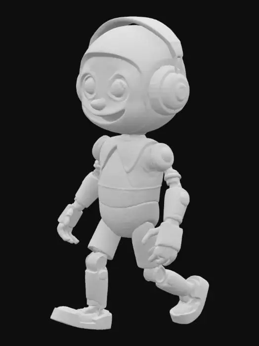 3D model for A 3D cartoon pixar style, 3d ,a weathered pinocchio 3000 robot with silver, red, blue, and yellow metallic body is standing on a plain white background. The robot has a rounded head with a wooden smiling face, large brown eyes, and a small wooden nose. It is wearing red headphones with silver accents on its head. The robot's body is primarily silver with wooden accents on its chest and his joints and hands are made of wood, and blue and yellow details on its arms and legs. Its right hand is open and facing downwards, while its left hand is open and facing forward. The robot's legs are positioned in a walking stance, with its right leg slightly behind its left. full body, a-pose