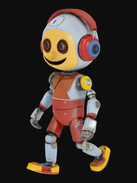 3D model for A 3D cartoon pixar style, 3d ,a weathered pinocchio 3000 robot with silver, red, blue, and yellow metallic body is standing on a plain white background. The robot has a rounded head with a wooden smiling face, large brown eyes, and a small wooden nose. It is wearing red headphones with silver accents on its head. The robot's body is primarily silver with wooden accents on its chest and his joints and hands are made of wood, and blue and yellow details on its arms and legs. Its right hand is open and facing downwards, while its left hand is open and facing forward. The robot's legs are positioned in a walking stance, with its right leg slightly behind its left. full body, a-pose