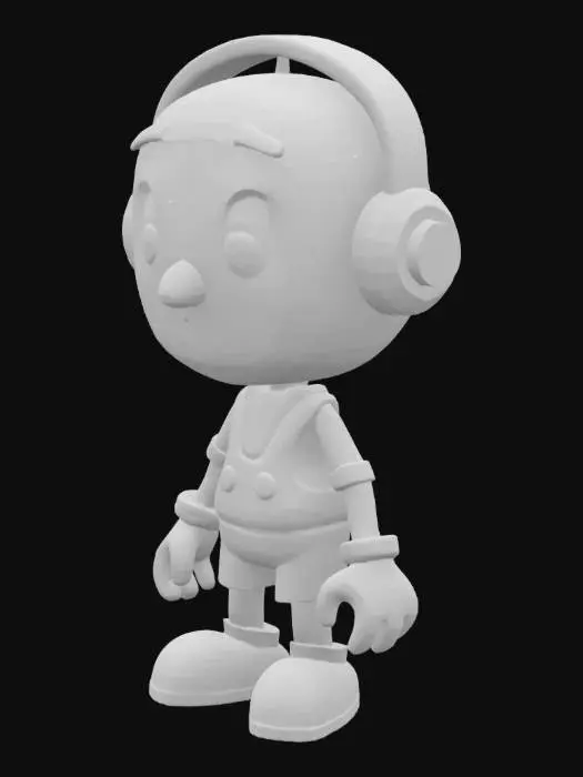 3D model for A 3D cartoon pixar style, 3d ,a weathered pinocchio 3000 robot with silver, red, blue, and yellow metallic body is standing on a plain white background. The robot has a rounded head with a wooden smiling face, large brown eyes, and a small wooden nose. It is wearing red headphones with silver accents on its head. The robot's body is primarily silver with wooden accents on its chest and his joints and hands are made of wood, and blue and yellow details on its arms and legs. Its right hand is open and facing downwards, while its left hand is open and facing forward. The robot's legs are positioned in a walking stance, with its right leg slightly behind its left. full body, a-pose