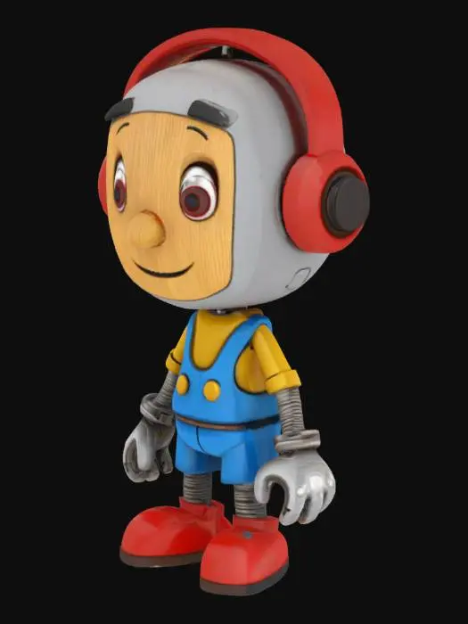 3D model for A 3D cartoon pixar style, 3d ,a weathered pinocchio 3000 robot with silver, red, blue, and yellow metallic body is standing on a plain white background. The robot has a rounded head with a wooden smiling face, large brown eyes, and a small wooden nose. It is wearing red headphones with silver accents on its head. The robot's body is primarily silver with wooden accents on its chest and his joints and hands are made of wood, and blue and yellow details on its arms and legs. Its right hand is open and facing downwards, while its left hand is open and facing forward. The robot's legs are positioned in a walking stance, with its right leg slightly behind its left. full body, a-pose