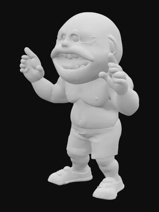 3D model for a surreal and humorous digital artwork featuring a humanoid figure with exaggerated facial features, specifically extreme oversized lips and teeth, standing on two legs with visible muscles, wearing shorts, the figure has large white teeth and pink lips, with muscular arms and hands, and is depicted in a comical a-pose with its mouth open wide, showcasing its teeth, the overall atmosphere is playful and whimsical with a touch of eeriness due to the distorted proportions of the figure. Full Body.