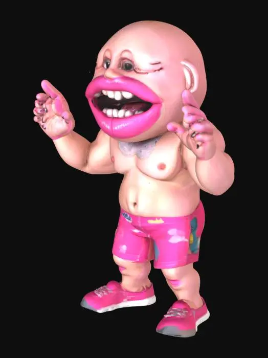 3D model for a surreal and humorous digital artwork featuring a humanoid figure with exaggerated facial features, specifically extreme oversized lips and teeth, standing on two legs with visible muscles, wearing shorts, the figure has large white teeth and pink lips, with muscular arms and hands, and is depicted in a comical a-pose with its mouth open wide, showcasing its teeth, the overall atmosphere is playful and whimsical with a touch of eeriness due to the distorted proportions of the figure. Full Body.