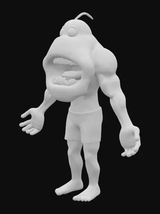 3D model for a surreal and humorous digital artwork featuring a humanoid figure with exaggerated facial features, specifically extreme oversized lips and teeth, standing on two legs with visible muscles, wearing shorts, the figure has large white teeth and pink lips, with muscular arms and hands, and is depicted in a comical a-pose with its mouth open wide, showcasing its teeth, the overall atmosphere is playful and whimsical with a touch of eeriness due to the distorted proportions of the figure. Full Body.