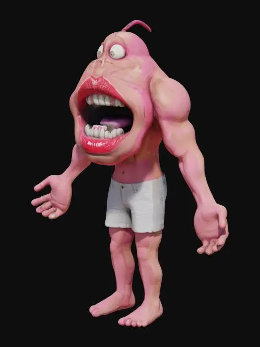 3D model for a surreal and humorous digital artwork featuring a humanoid figure with exaggerated facial features, specifically extreme oversized lips and teeth, standing on two legs with visible muscles, wearing shorts, the figure has large white teeth and pink lips, with muscular arms and hands, and is depicted in a comical a-pose with its mouth open wide, showcasing its teeth, the overall atmosphere is playful and whimsical with a touch of eeriness due to the distorted proportions of the figure. Full Body.
