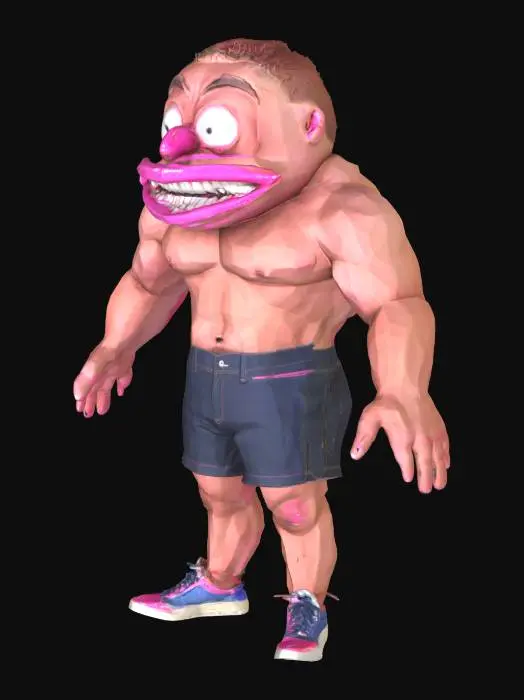 3D model for a surreal and humorous digital artwork featuring a humanoid figure with exaggerated facial features, specifically extreme oversized lips and teeth, standing on two legs with visible muscles, wearing shorts, the figure has large white teeth and pink lips, with muscular arms and hands, and is depicted in a comical a-pose with its mouth open wide, showcasing its teeth, the overall atmosphere is playful and whimsical with a touch of eeriness due to the distorted proportions of the figure. Full Body.
