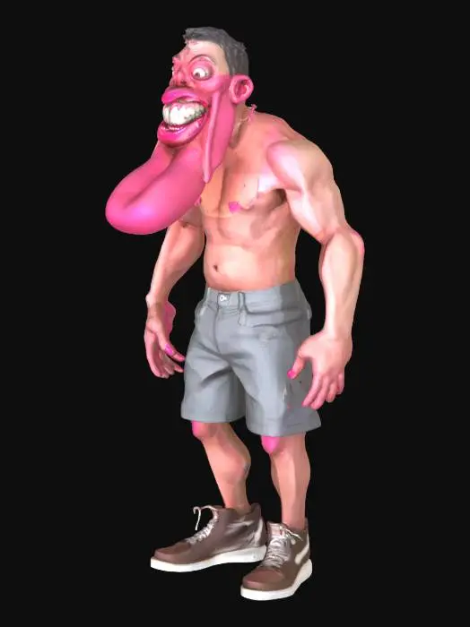 3D model for a surreal and humorous digital artwork featuring a humanoid figure with exaggerated facial features, specifically extreme oversized lips and teeth, standing on two legs with visible muscles, wearing shorts, the figure has large white teeth and pink lips, with muscular arms and hands, and is depicted in a comical a-pose with its mouth open wide, showcasing its teeth, the overall atmosphere is playful and whimsical with a touch of eeriness due to the distorted proportions of the figure. Full Body.