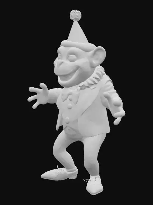 3D model for Carricature of a 3d, pixar style chimpanzee with eggarerated facial features a a funny grin, very big teeth and bulbous eyes, he is dressed in a vibrant clown costume, wearing a purple, red, blue, and yellow patchwork jacket with a large, ruffled collar and a yellow tie adorned with multicolored polka dots. A matching bow tie is tied around its neck, and a red nose is attached to its face. On its head, the chimpanzee wears purple red dotted pants, large pointy shoes and a yellow clown hat with a red brim and a red and blue ball on top, Arms wide.