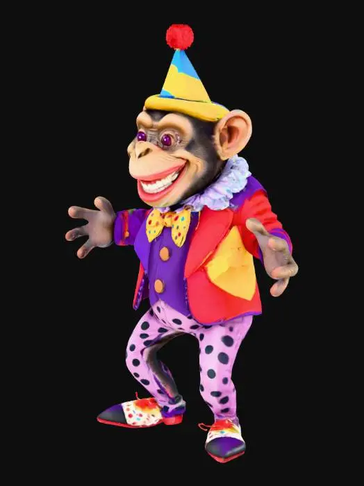 3D model for Carricature of a 3d, pixar style chimpanzee with eggarerated facial features a a funny grin, very big teeth and bulbous eyes, he is dressed in a vibrant clown costume, wearing a purple, red, blue, and yellow patchwork jacket with a large, ruffled collar and a yellow tie adorned with multicolored polka dots. A matching bow tie is tied around its neck, and a red nose is attached to its face. On its head, the chimpanzee wears purple red dotted pants, large pointy shoes and a yellow clown hat with a red brim and a red and blue ball on top, Arms wide.